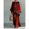 1116 New Retro Bohemian Cashew Flower Set, Crew Neck Flared Sleeve Top + Two Pieces of Wide-leg Pants.