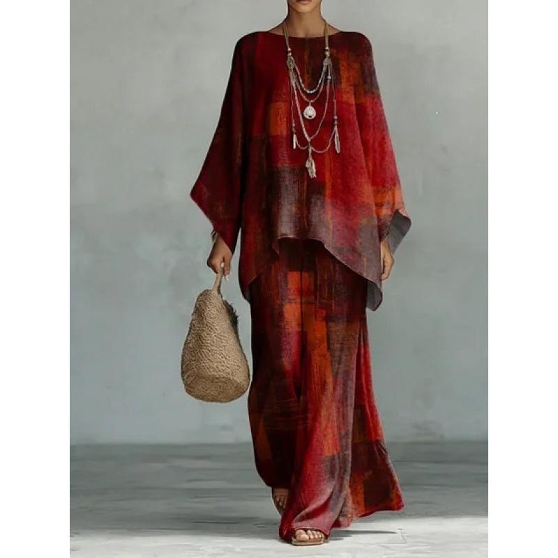 1116 New Retro Bohemian Cashew Flower Set, Crew Neck Flared Sleeve Top + Two Pieces of Wide-leg Pants.