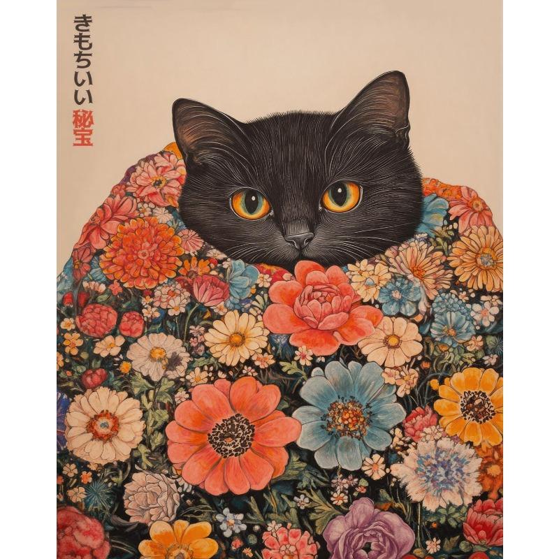 Japanische Florale Katze Nickerchen Vintage Botanische Poster und Drucke Leinwanddruck Wandkunst Bild für Wohnzimmer Heimdekoration