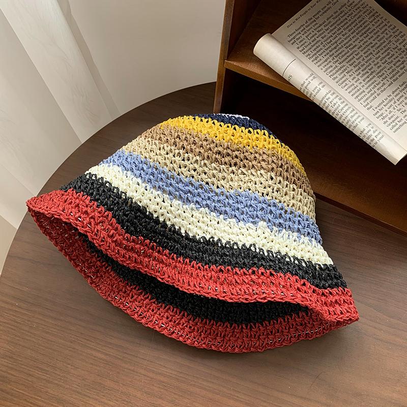 Summer Bohemian outing striped straw hat children sunshade sunscreen dome hollow beach fisherman sun hat