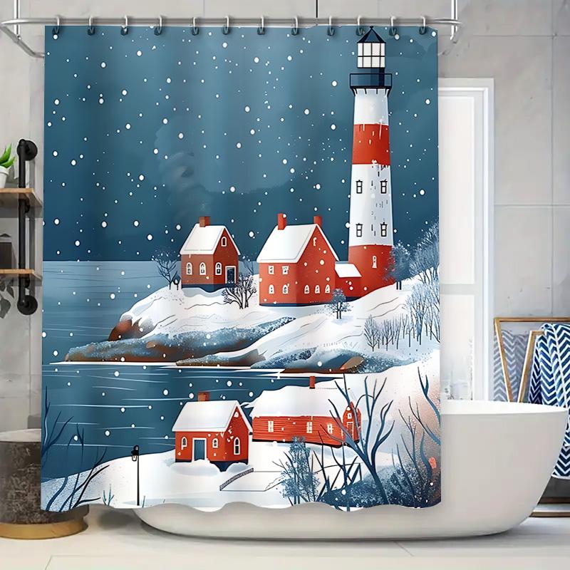 

Charming Winter Lighthouse Shower Curtain With Snowy Coastal Village Scenery For Bathroom Decor Enhance Your Home Ambiance W60H190(CM)-1 Pcs