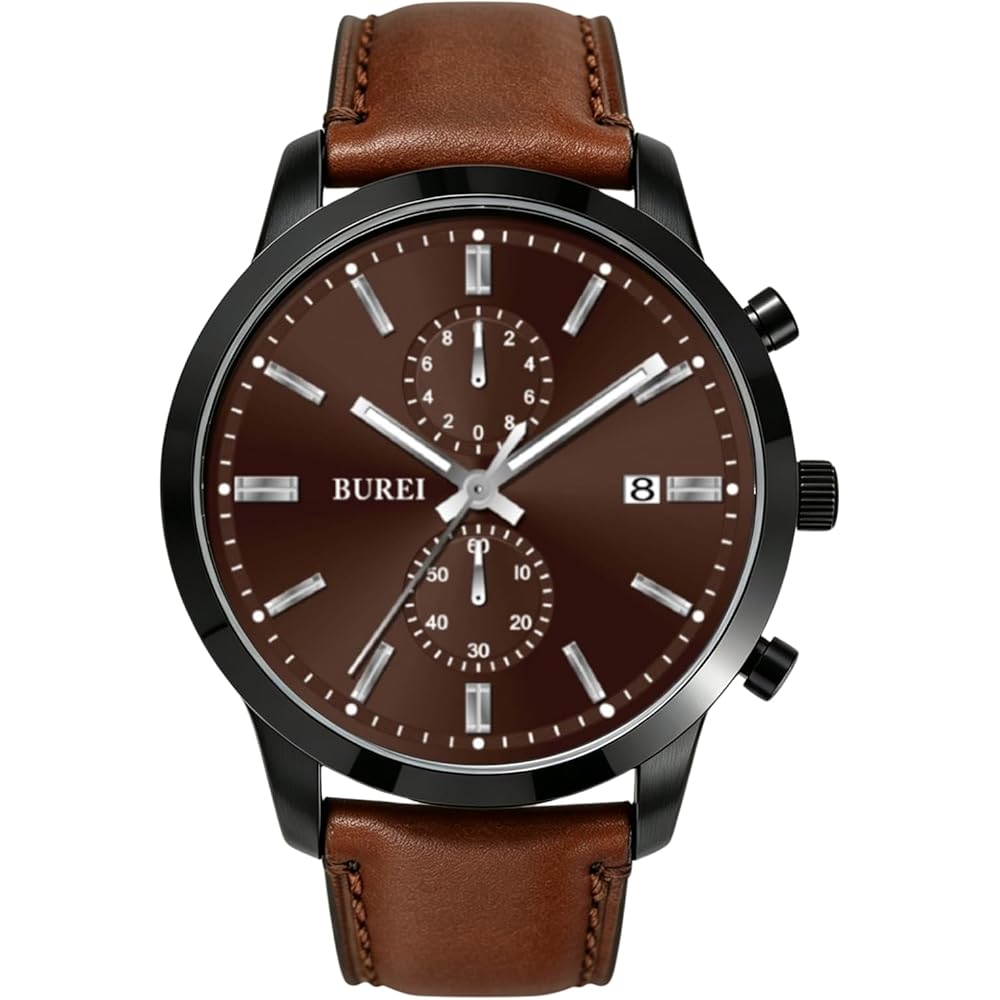 BUREI Men s Analog Quartz Watch Brown Leather Band Waterproof Lightweight Business Casual Watch