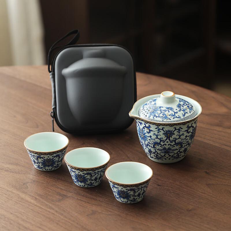 

Ailan Huijia DH Lotus Scroll Ceramic Travel & Gift Tea Set 1 Pot, 3 Cups, Small Grey Bag