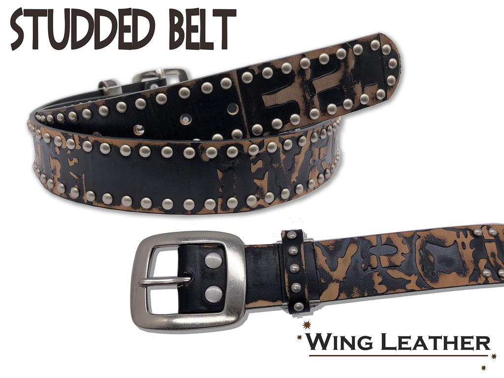 WING LEATHER Italian Leather Casual Belt, Genuine Leather, Cowhide, Studs, Men's, Black, White, Dark Brown, Red, 40mm, Distressed Finish, GTC004BK