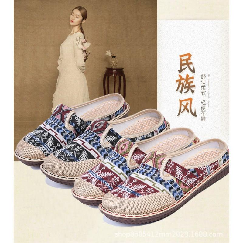 Womens Slip-On Flat Shoes With Rubber Sole Breathable Linen Upper Comfortable Non-Slip Casual Mom