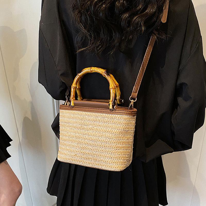 Weaving Bag Summer New Bamboo Handle Tote Straw Bag Niche Simple Shoulder Crossbody Bucket Bag Women's Bag AVE