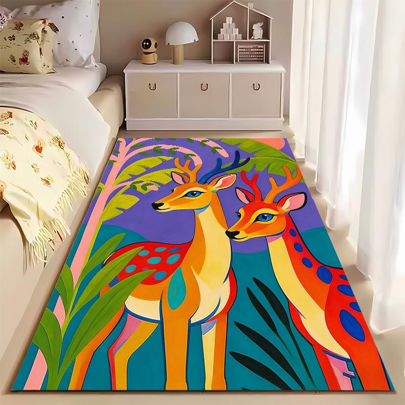Colorful Deer Pattern Carpet with Tropical Leaves Design Suitable for use as an anti-slip for living room bedroom sofas