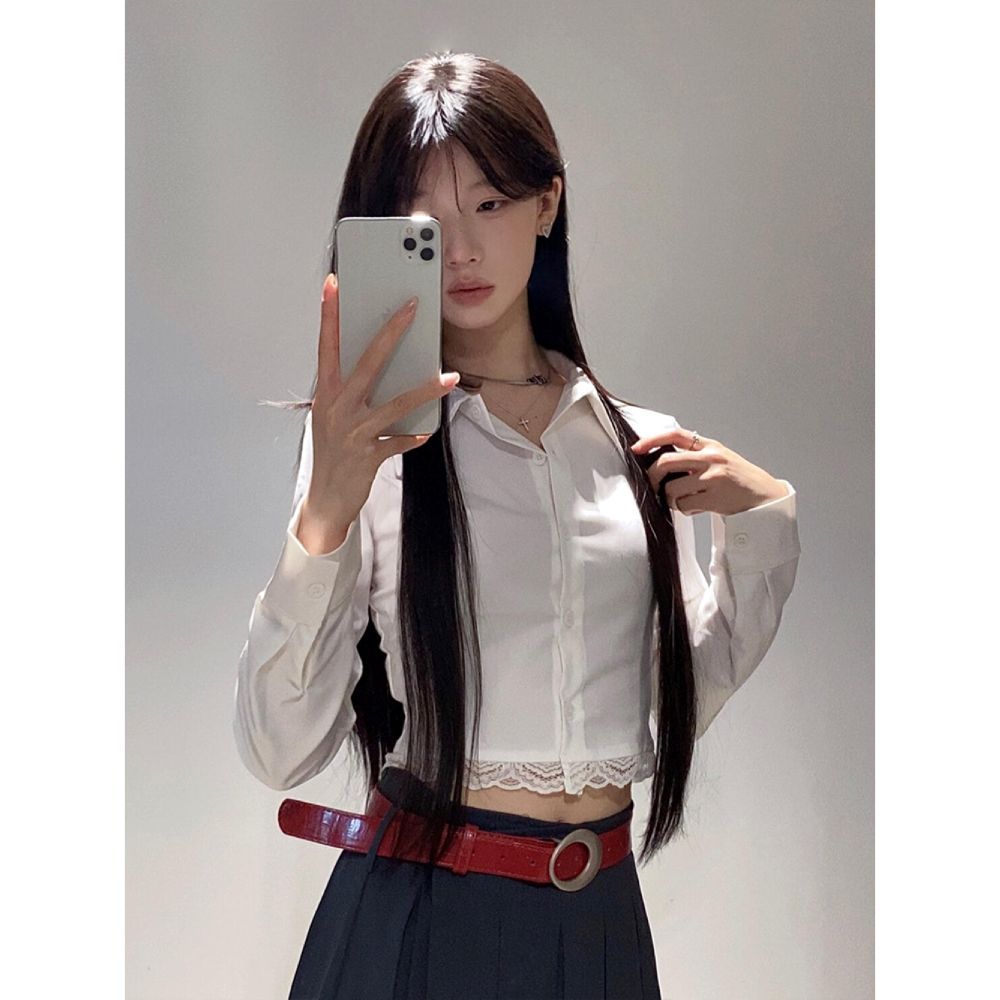 Summer new French pure desire style polo collar lace splicing long-sleeved shirt women's design sense slim and thin top