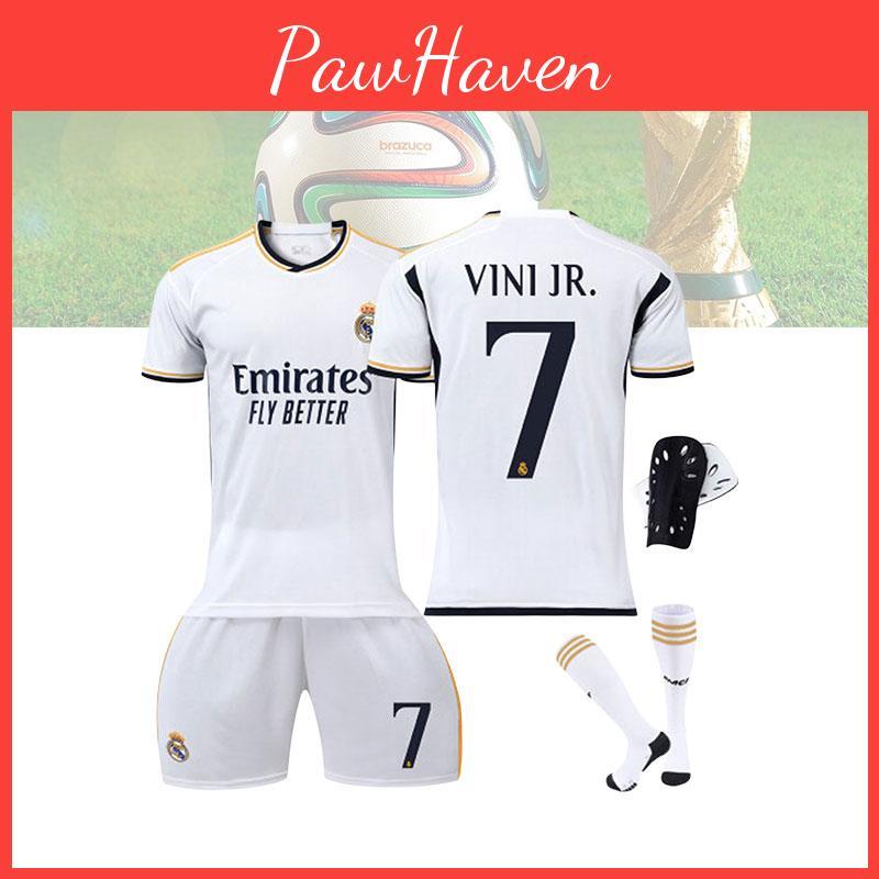 Real Madryt Domowy 7 Vini.jr Zestaw Koszulki Piłkarskiej Dla Dzieci i Dorosłych Tkanina Poliestrowa Koszulka Spodnie Skarpety i Sprzęt Ochronny w Zestawie