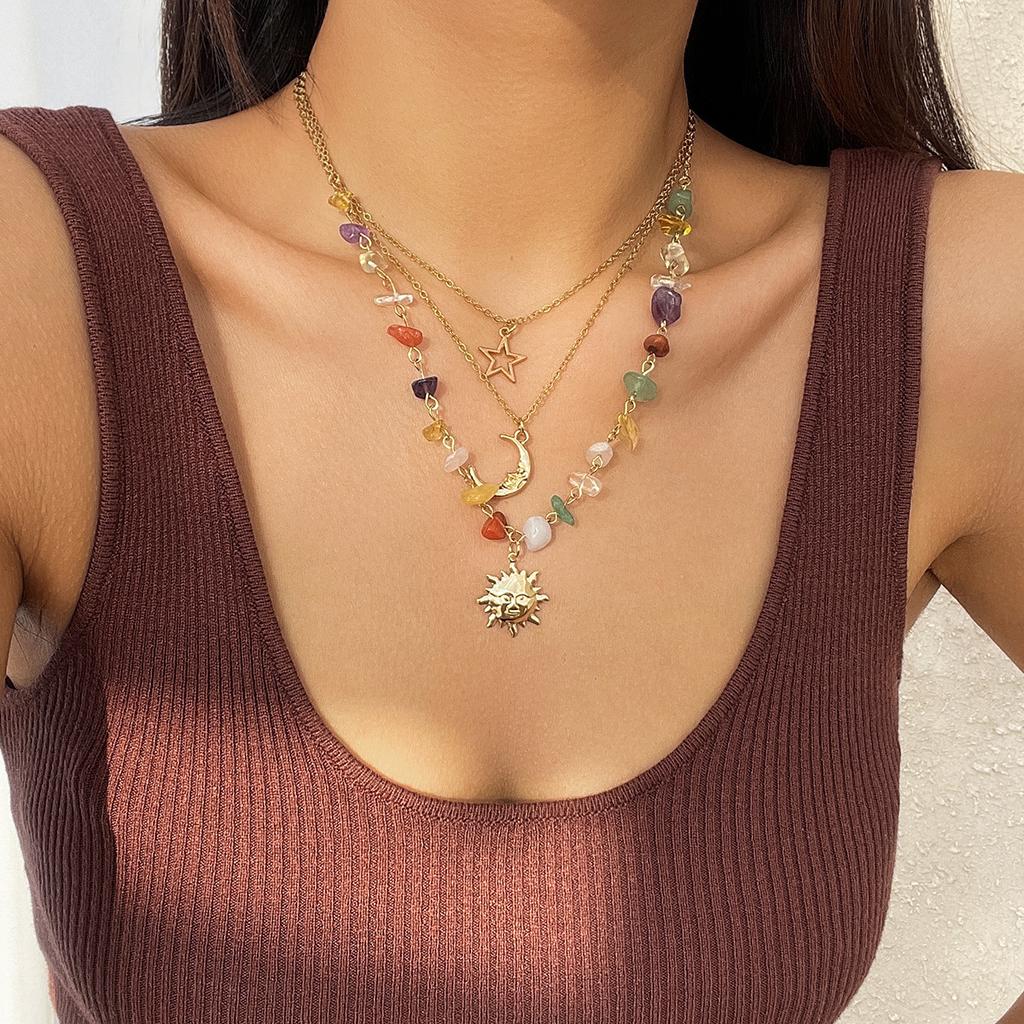 Retro Moon Sun Star Pendant Necklace Women Multilayer Jewelry Accessories