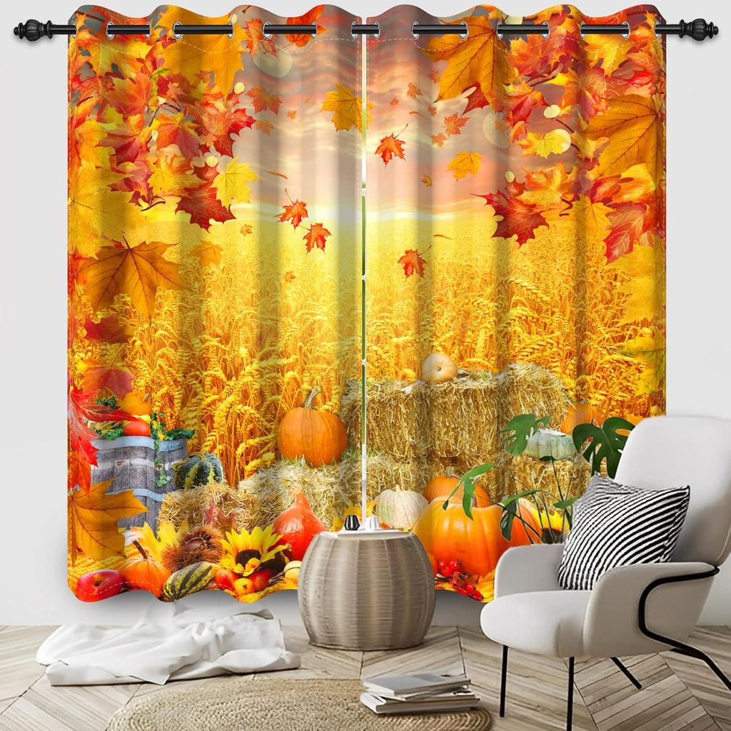 Orange Yellow Leaves Curtain Fall Scenery Forest Trees Window Drapes Panels Set Patio Office Living Room Curtains Light Blocking Polyester Great Decor