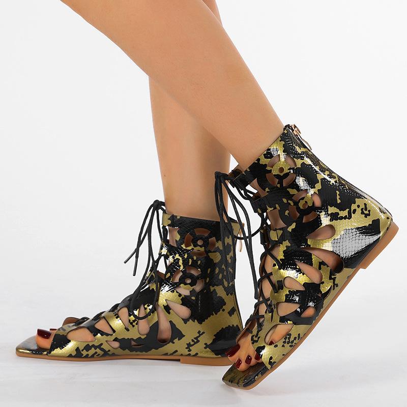 Fashion Gold 2025 Summer Gladiator Sandals Booties Flats Cut Hollow Out Studs Punk Square Head Sandals Ankle Boots Casual Shoes Zapatos