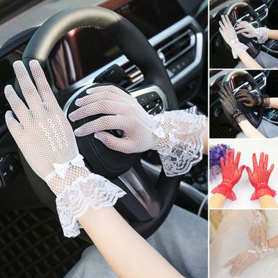 1 Paar Damen Ballhandschuhe, durchsichtige Spitze, Schleife, Strass-Dekor, ausgehöhlte Netzstrümpfe, Rüschenrand, dünne Vollfinger-Performances, Braut-Hochzeitshandschuh
