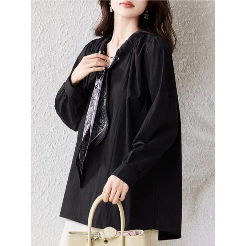 Nuova Sciarpa di Seta Camicia Stile Occidentale Scollo a V per Donna in Primavera Larga e Modellante Versatile Manica Lunga Top All-Match