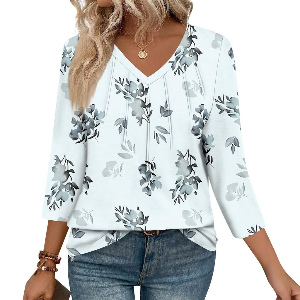 Women's Casual Tops V Neck Pull Stripe Prints Seven Sleeve Tops