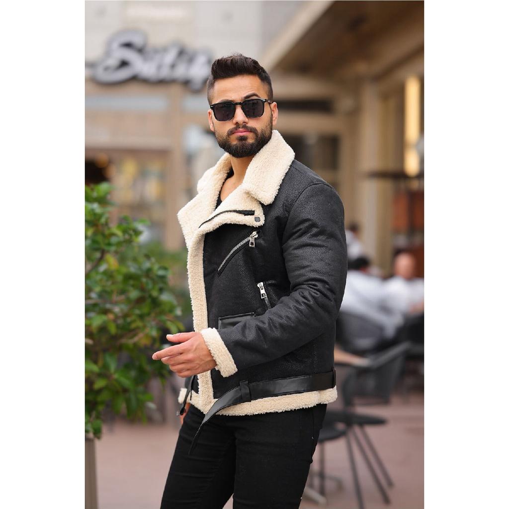 Laminated Leather Double-breasted Coat With Complete Fur Inside