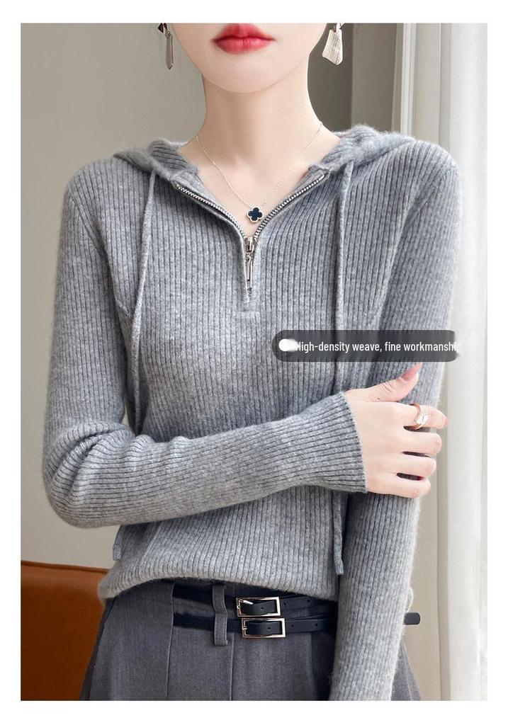 Women's Slim Fit Ribbed Wool Half-Zip Hoodie - Solid Color, Long Sleeve, Versatile for Autumn and Winter