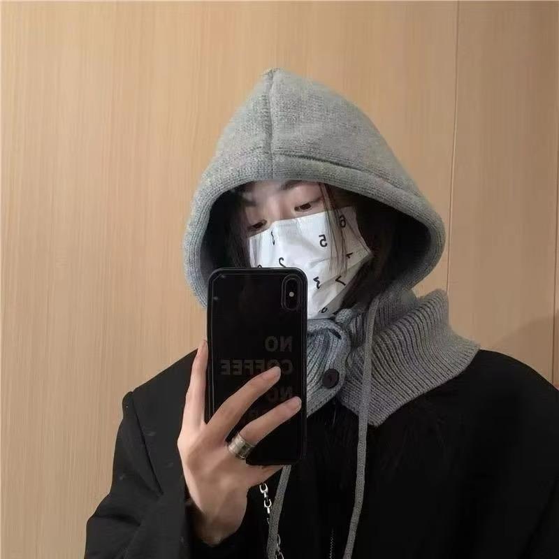 Winter Balaclava Hats for Women Unisex Knitted Hooded Caps Outdoor Warmer Drawstring Hat One-Piece Neck Collar Beanies Caps