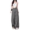 Cement Gray Women's Wide-Leg High-Waisted Floor-Length Cargo Jeans - 2026 Spring/Autumn Retro Style