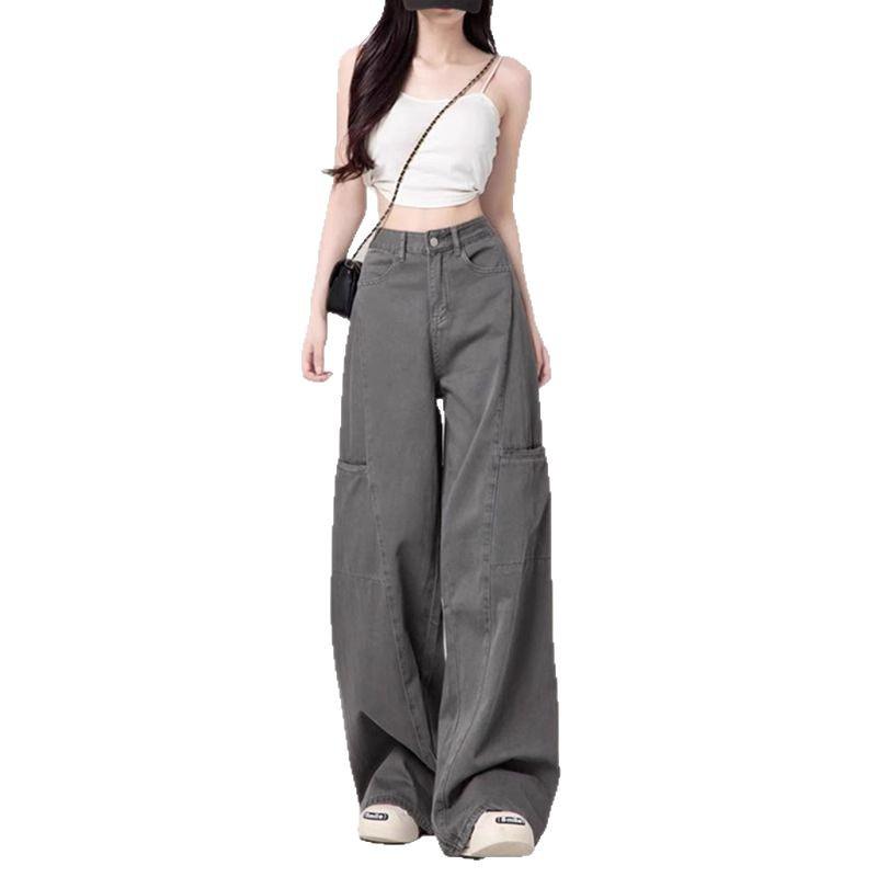 Cement Gray Women's Wide-Leg High-Waisted Floor-Length Cargo Jeans - 2026 Spring/Autumn Retro Style
