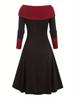 Women's Knitted Maxi Dress Round Neck Long Sleeve Patchwork Long Dresses Casual Color Block Drawstring Dress