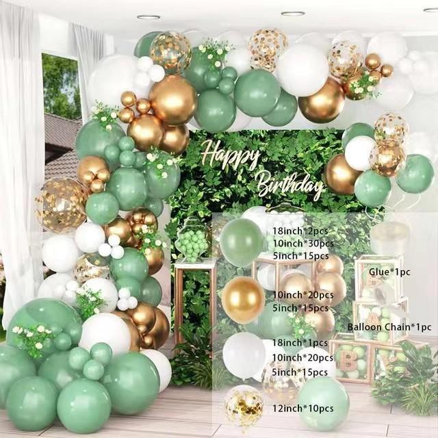 

Шалфейно-зеленый шар, белый с золотым конфетти, авокадово-зеленый, тропическая тематика джунглей, свадьба, день рождения, свадебная вечеринка Set as shown