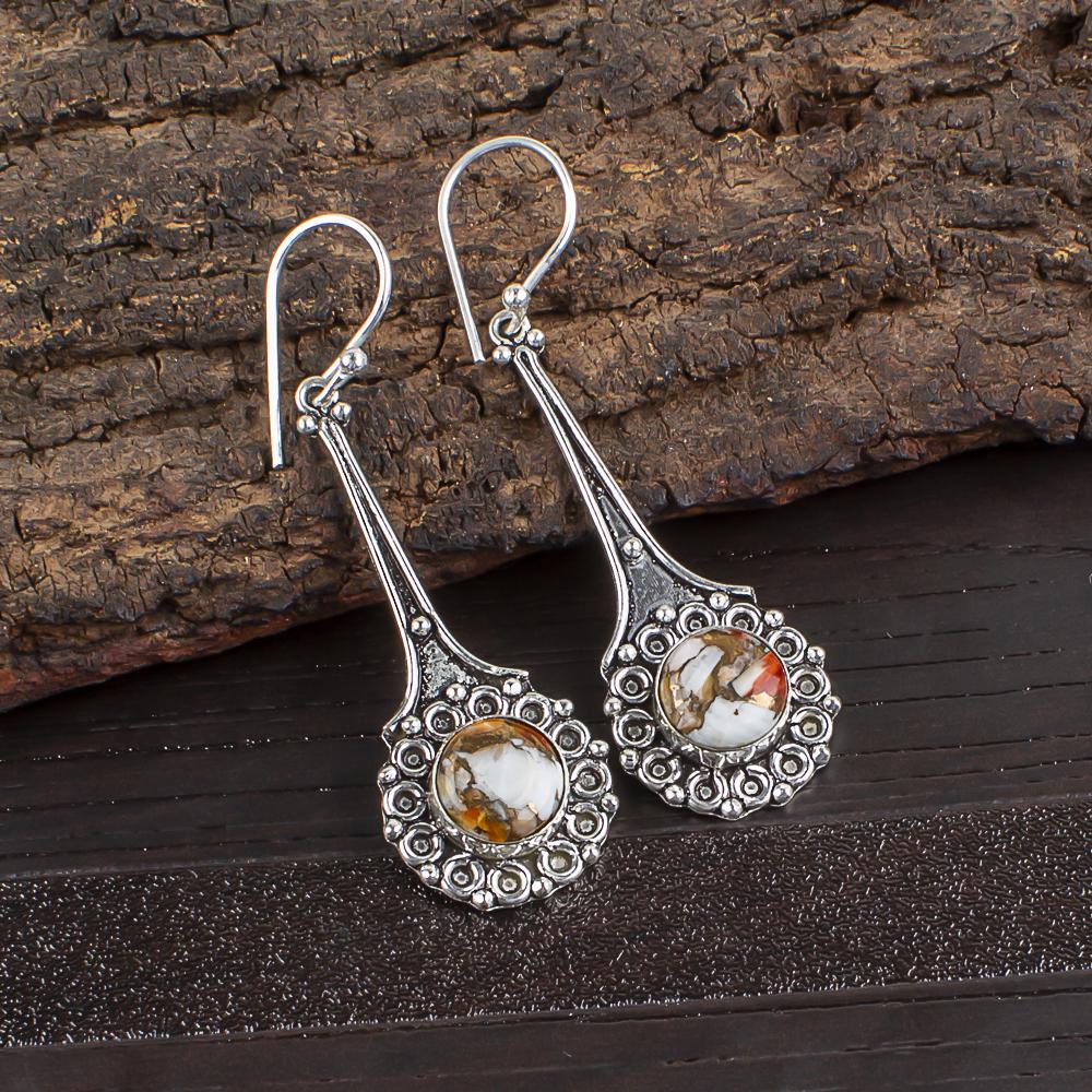 

Orange Copper Turquoise Gemstone Jewelry, 925 Sterling Silver, Handmade Balancing Earrings For Wedding Gift 2.52 Inches оранжевый