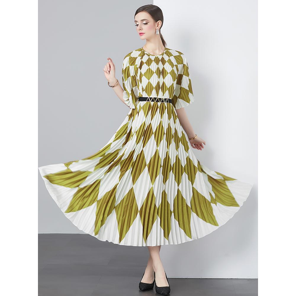 

Summer Women Elegant Plaid Print Oversized Loose Long Maxi Holiday Beach Dresses with Belt One Size жовтий