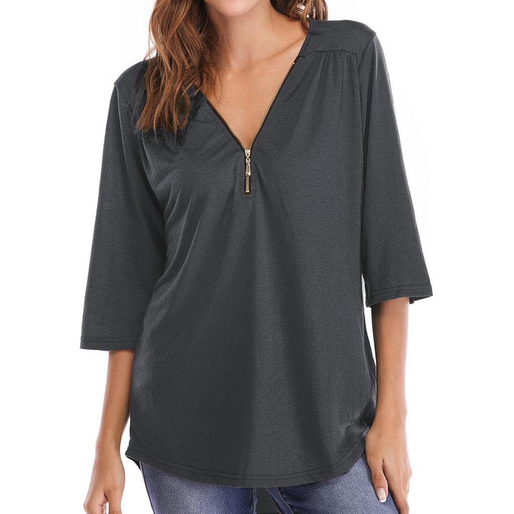 Ladies' Loose Comfortable Casual And Fashionable Pleated Zipper Loose Half Sleeved T-shirt Top