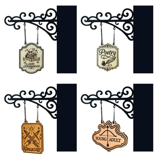 Book Nook Shelf Signs Halloween Themed Genre Labels with Hanging Brackets Library Decor for Fantasy Romance Dark Academia Book