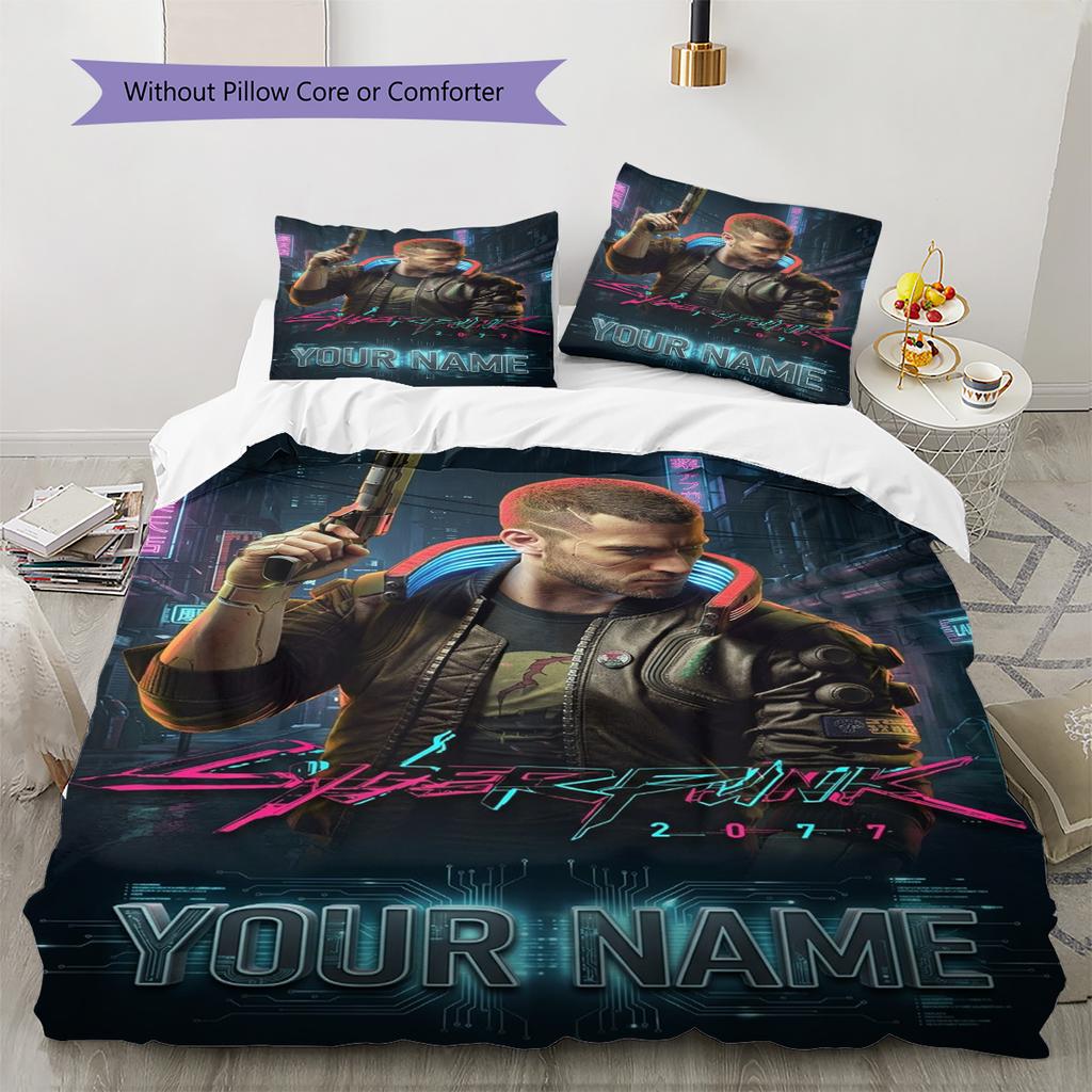 Name Custom Cyberpunk 2077 Pattern Bedding Set Quilt Cover Pillowcase Home Decor Gift (1 * Duvet Cover + 2 * Pillowcase, Without Core)