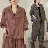 Autumn and Winter Retro Art Striped Large Size Cardigan Jacket + Wide Leg Harem Pants Two-piece Set