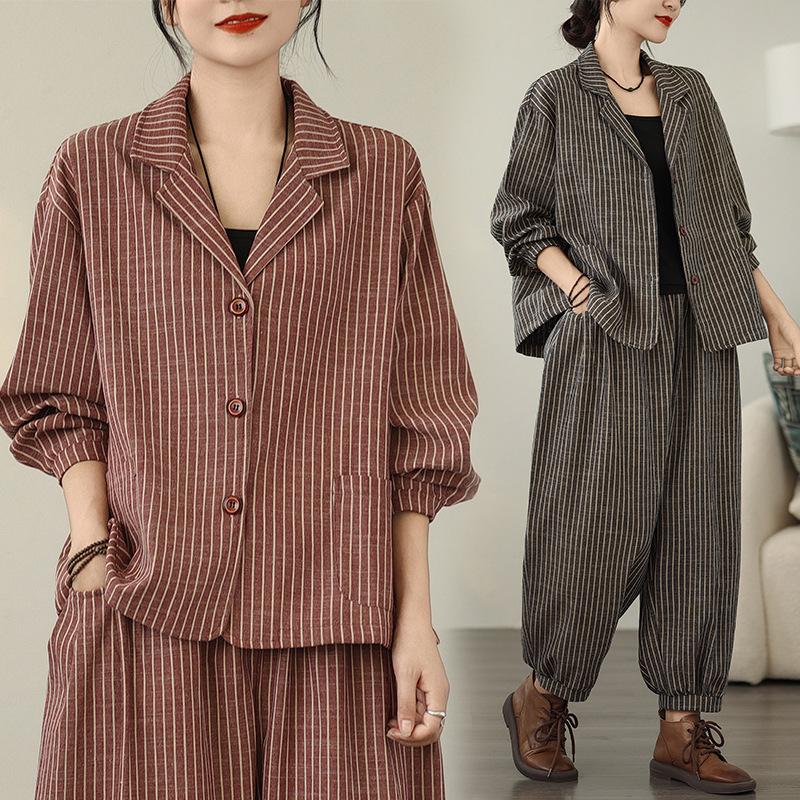 Autumn and Winter Retro Art Striped Large Size Cardigan Jacket + Wide Leg Harem Pants Two-piece Set