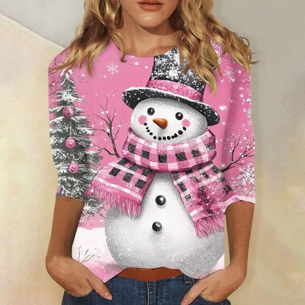Christmas Limited Edition Women's 3D Snowflake and Snowman Print Round Neck Long Sleeve Hoodies Fashion Casual Long Sleeve Top