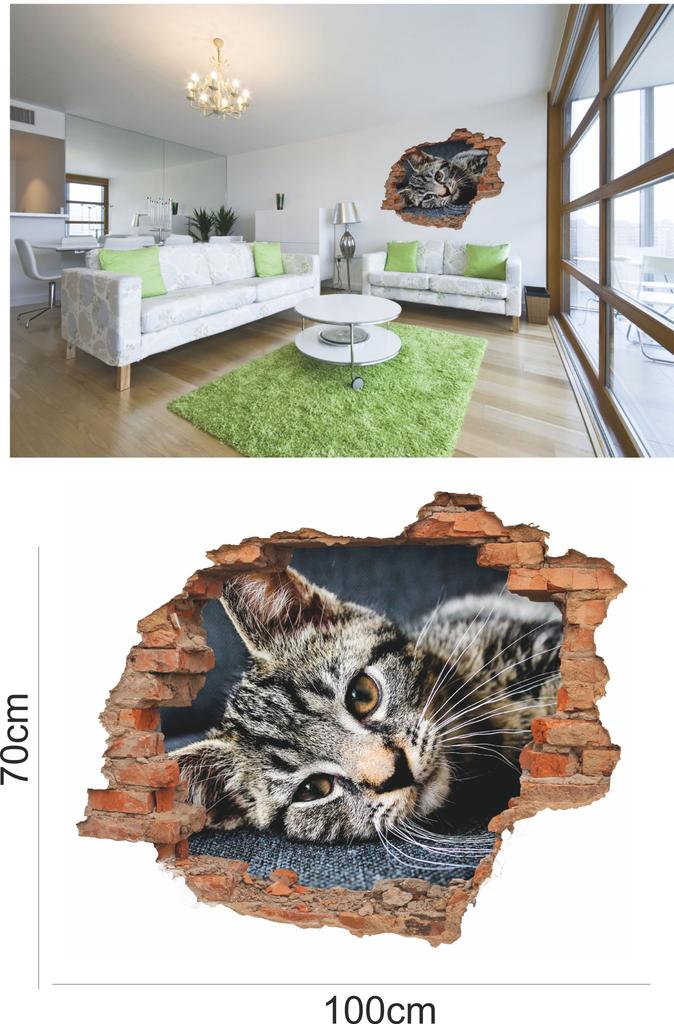 3D Brick Wall Stickers with a View of Animals