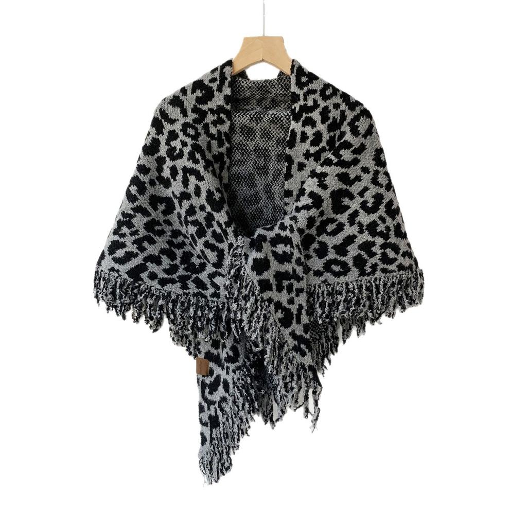 Tassel Knitted Triangular Shawl Leopard Print Autumn And Winter Wool Blended Warm Scarf Premium Neck Cape