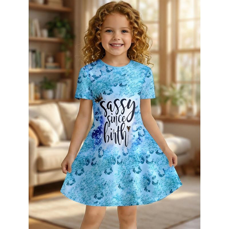 Little Girls Cute Lovely Vibrant Soft Fun Animal Graphic Print Summer A-Line Swing Dress Short Sleeve Casual Kids Play Outfit