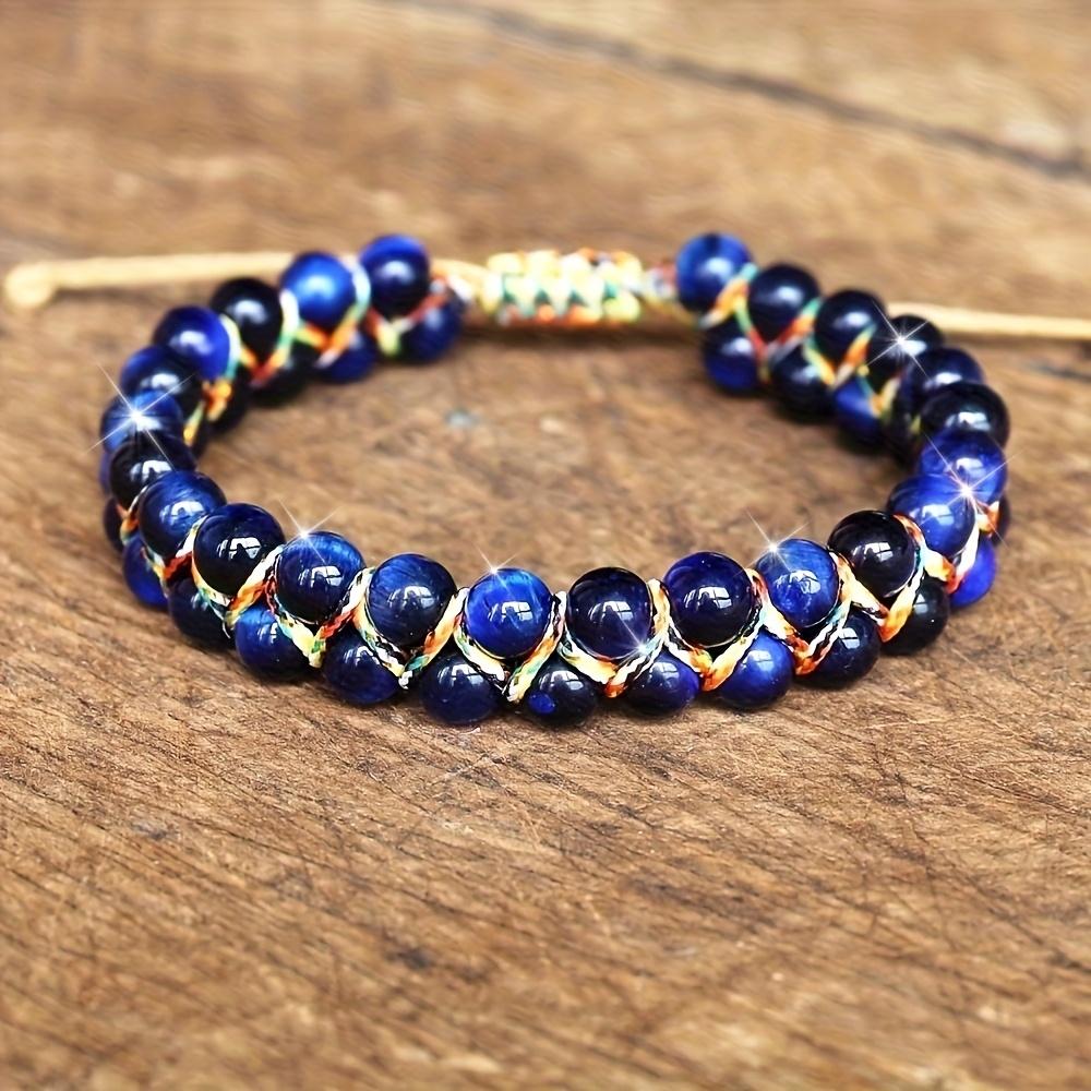 1pc CHENGYOUGE Bohemian Adjustable Bracelet - Natural Cat's Eye/Tiger's Eye Beads, Navy Blue & Golden accents, Adjustable Knot Closure, Everyday & Vac