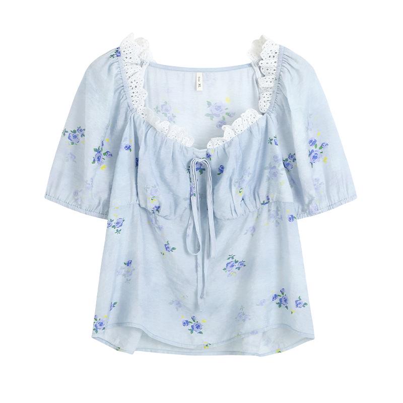 

Windy Getaway: Women s Plus Size Floral Lace Trim Square Neck Blouse 4XL (Recommended for 180-200 jin)