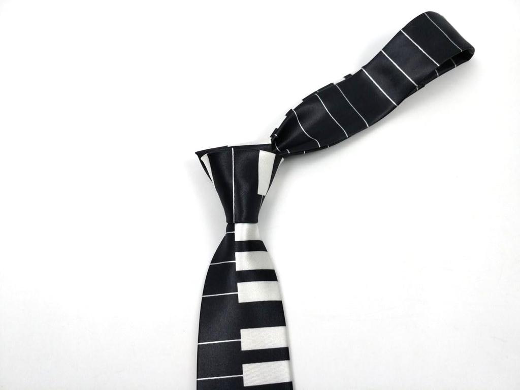 [F NODE] Slim Necktie, Piano Keyboard Pattern, Polyester, Pointed Tip (Black)