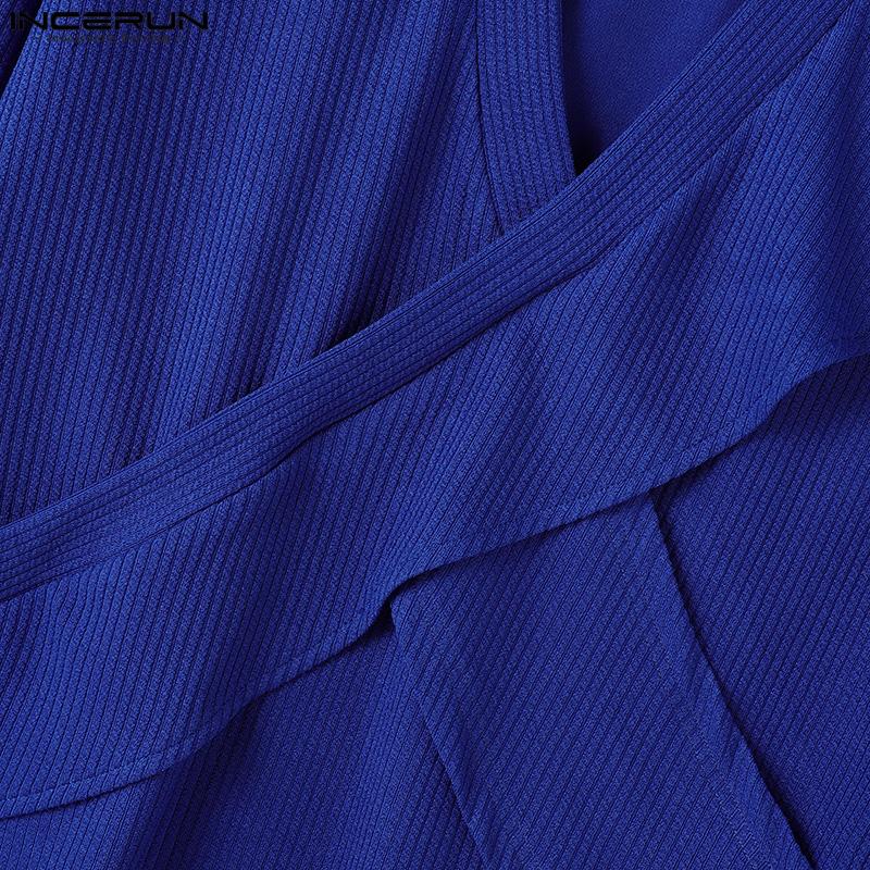 INCERUN Men V Neck Front Cross Long Sleeve Fitted Tops Knitted Rib Undershirts