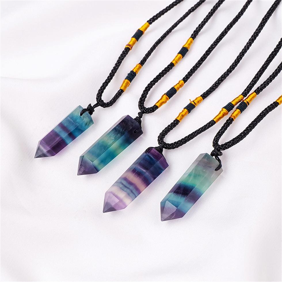 Natural Crystal Rainbow Fluorite Single Point Crystal Jewelry Necklace Polished Healing Crystal Crafts Jewelry Pendant