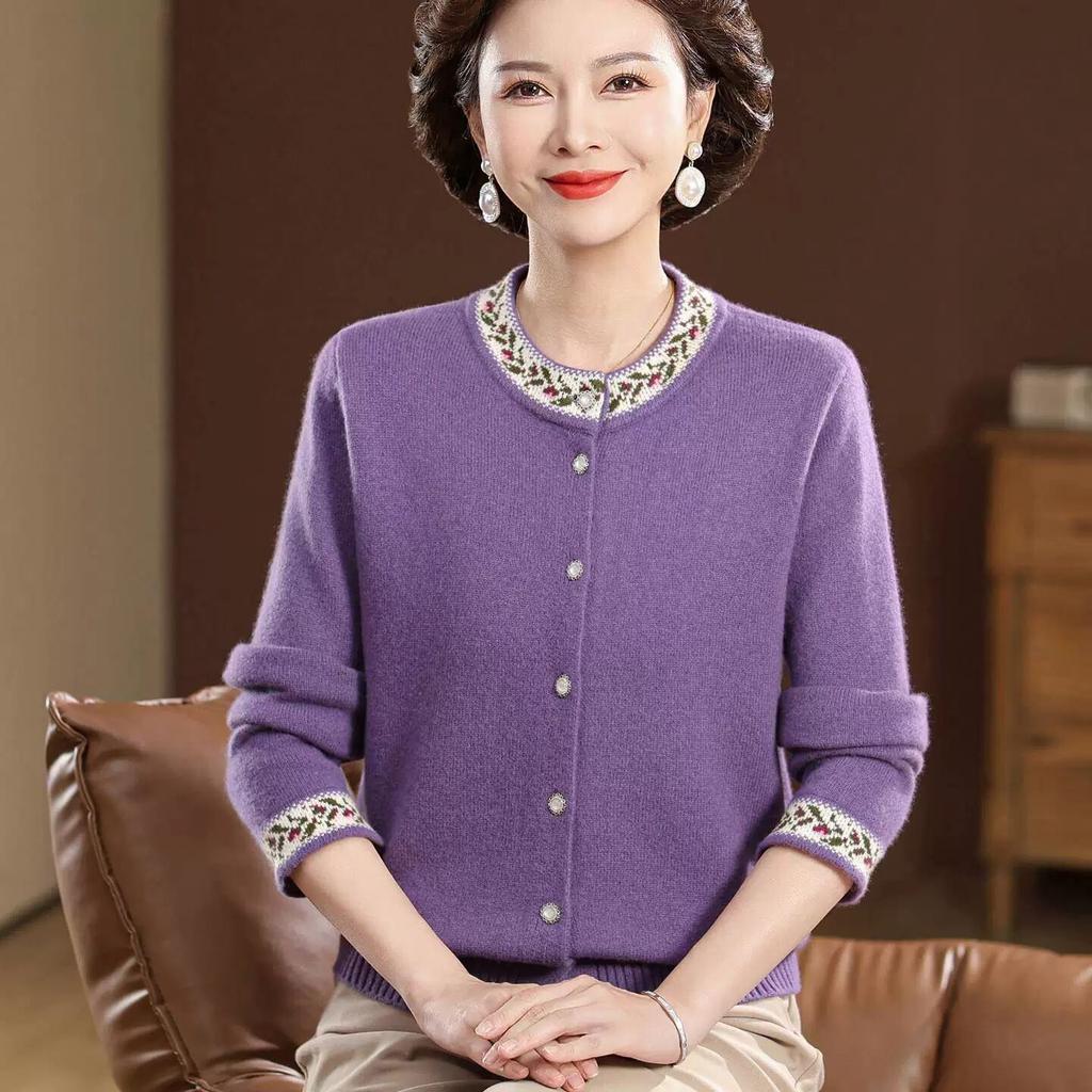 Autumn Winter Women's Round Neck Embroidered Cardigan Sweater Thickened Loose Knit Cardigan