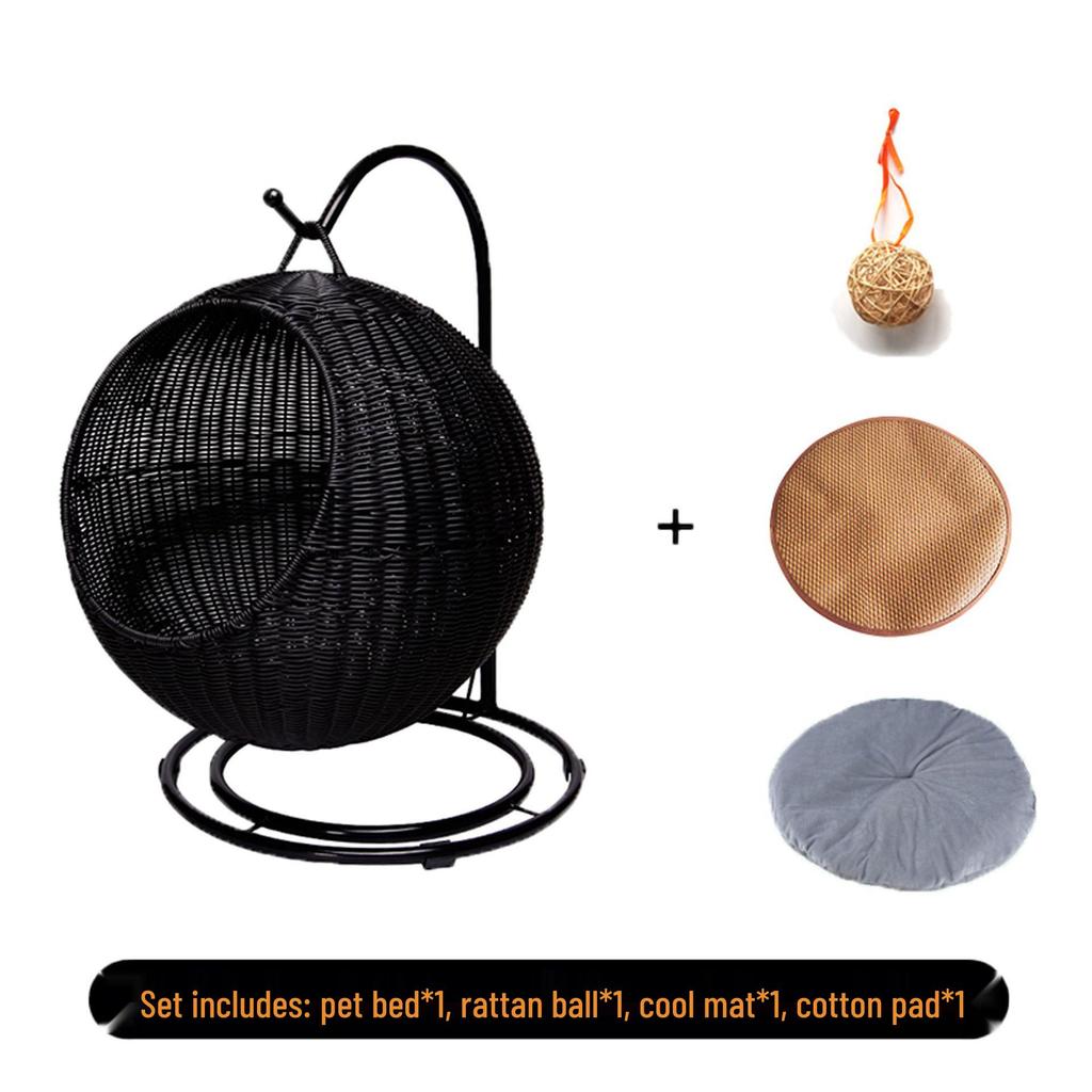 Cozy Rattan Cat Hanging Basket - Washable, Semi-Enclosed, All-Season Cat Bed for Winter Warmth
