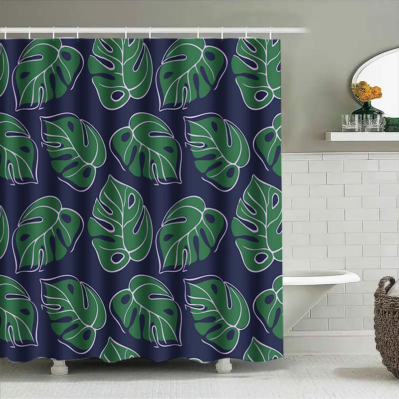 Modern Tropical Palm Leaves Shower Curtain Green Navy Blue Water-Resistant Fabric For Bathroom Decorations Easy Hanging Rod Incl