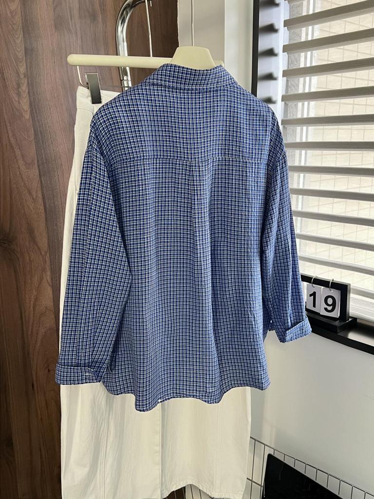 Man Jiang Yue Women's Korean Style Blue Plaid Long Sleeve Polo Shirt Cardigan