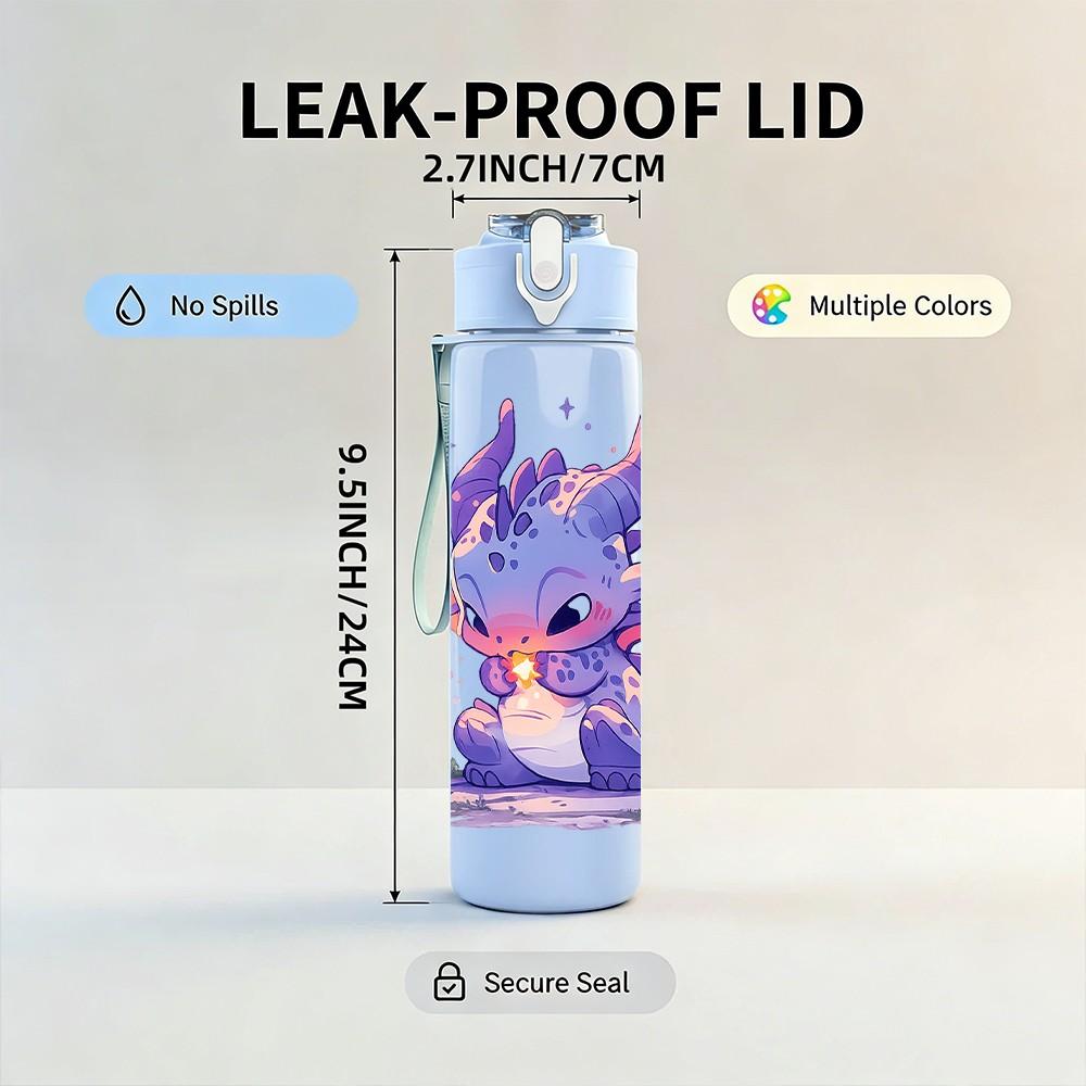 1PC Purple Baby Dragon Fantasy Print 750ml Color Plastic Sports Water Bottle Leakproof Flip Straw Lid Suitable for Sports Office Home Use