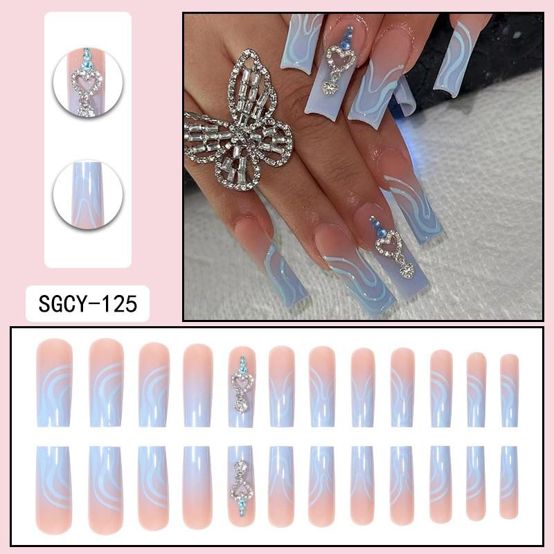 Long Press-On Nails With Adhesive Tabs Full Cover Fake Women INS Style Acrylic Nail Tips Reusable Wearable Art