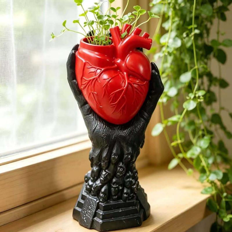 Gothic Anatomical Heart Resin Vase Unique Skull Base Perfect For Halloween Decor Dark Home Party Ornaments
