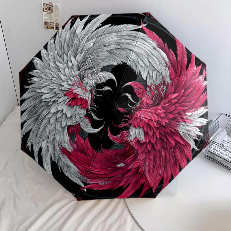 Feather Wings pattern, automatic folding umbrella, portable and foldable design, 8 ribs, a Christmas or birthday gift.